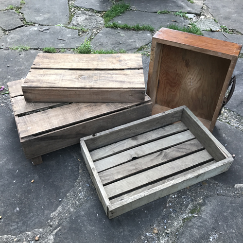 Rustic crates, trays and drawers