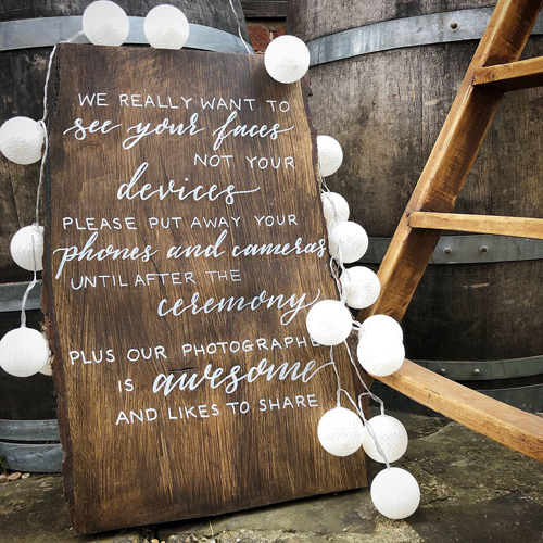 Tree slice rustic unplugged ceremony sign